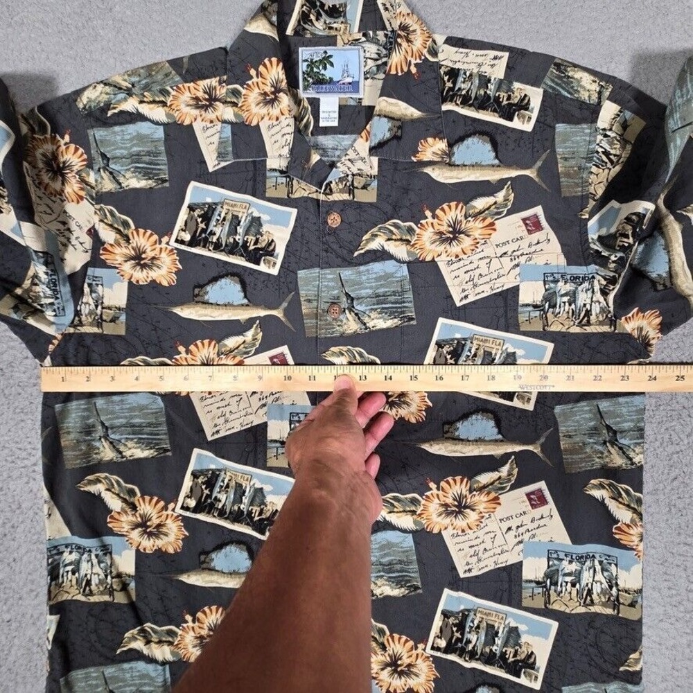 AFTCO Shirt Mens Large Miami Fish Postcards Beach Surf Casual Made in USA Logo - Picture 9 of 12